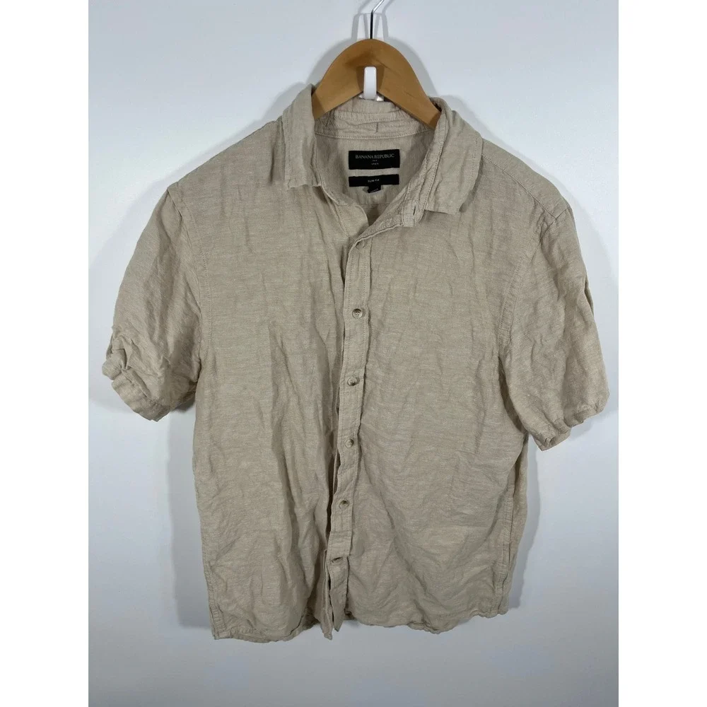 Banana Republic Mens Linen Blend Button Down Shirt M Beige Slim Fit Beach Resort